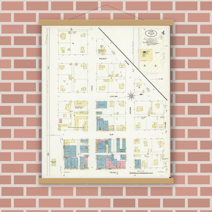 Old map wall art mockup — magnetic wood frame on brick wall — Sanborn Fire Insurance Map from Hico, Hamilton County, Texas (1907), Sheet #0004