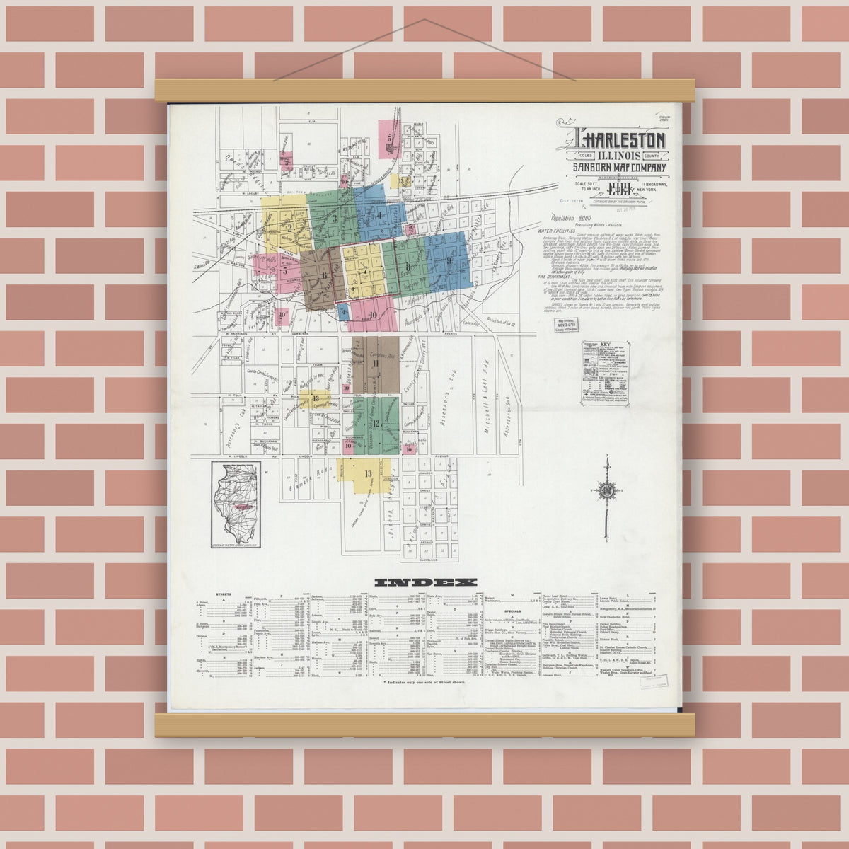 Old map wall art mockup — magnetic wood frame on brick wall — Sanborn Fire Insurance Map from Charleston, Coles County, Illinois (1919) - Complete Map Set