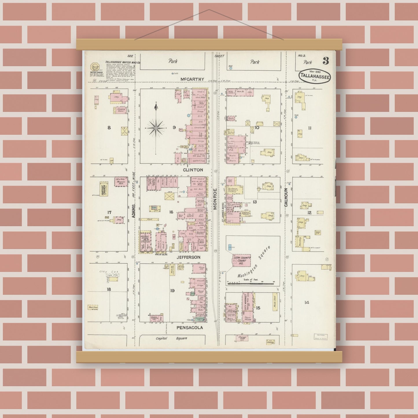 Old map wall art mockup — magnetic wood frame on brick wall — Sanborn Fire Insurance Map from Tallahassee, Leon County, Florida (1890), Sheet #0003