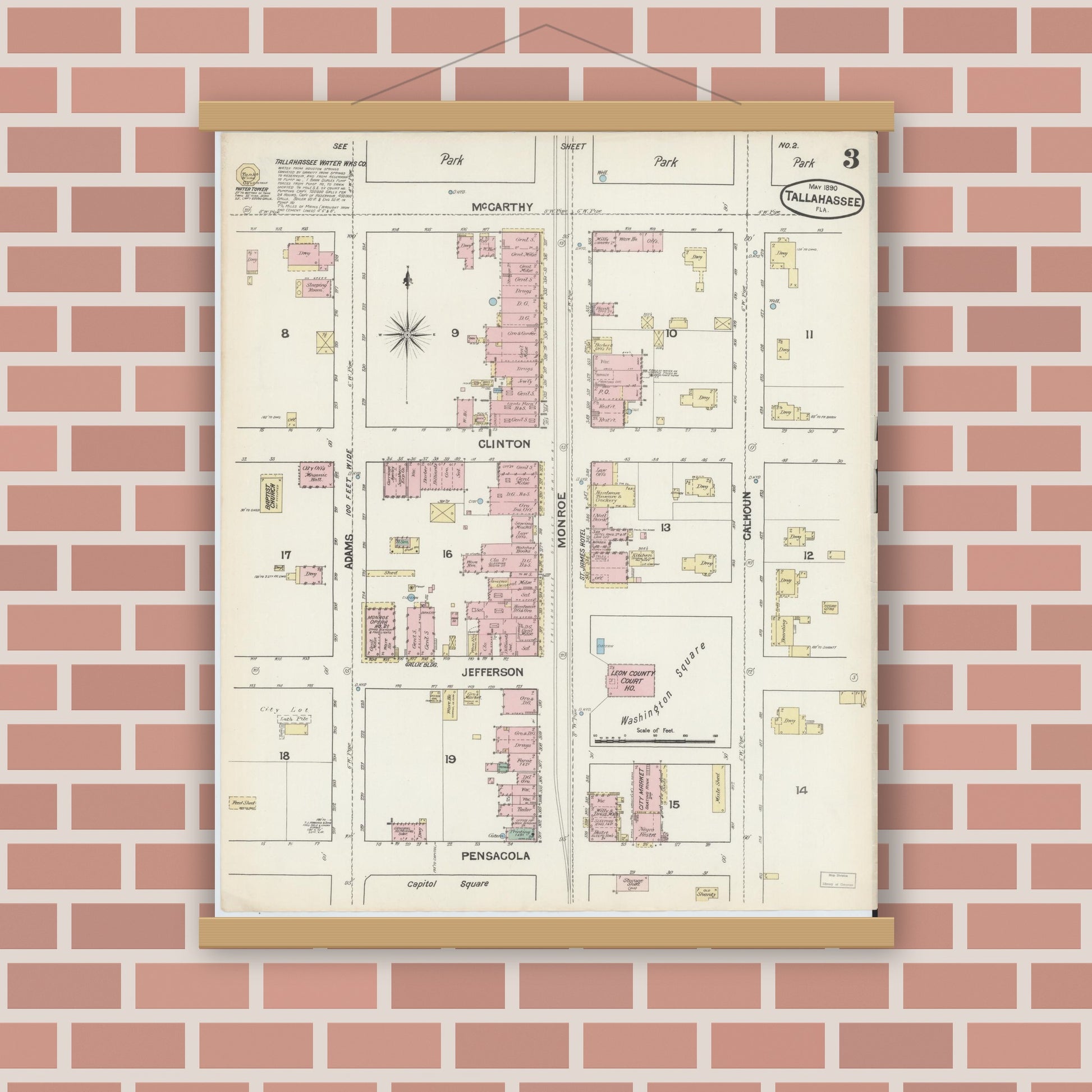 Old map wall art mockup — magnetic wood frame on brick wall — Sanborn Fire Insurance Map from Tallahassee, Leon County, Florida (1890), Sheet #0003
