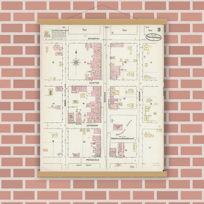 Old map wall art mockup — magnetic wood frame on brick wall — Sanborn Fire Insurance Map from Tallahassee, Leon County, Florida (1890), Sheet #0003