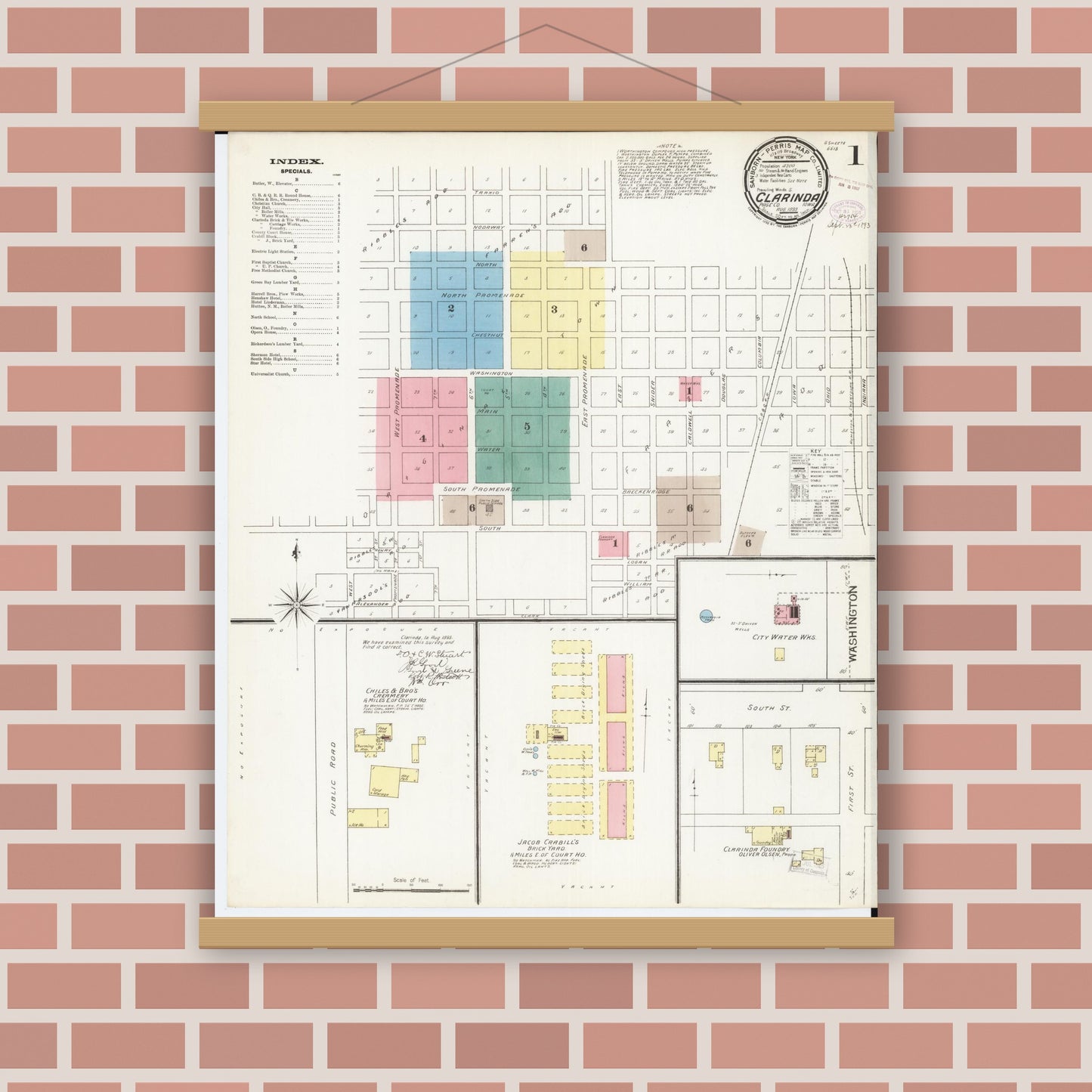 Old map wall art mockup — magnetic wood frame on brick wall — Sanborn Fire Insurance Map from Clarinda, Page County, Iowa (1893), Sheet #0001