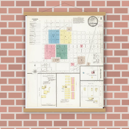 Old map wall art mockup — magnetic wood frame on brick wall — Sanborn Fire Insurance Map from Clarinda, Page County, Iowa (1893), Sheet #0001