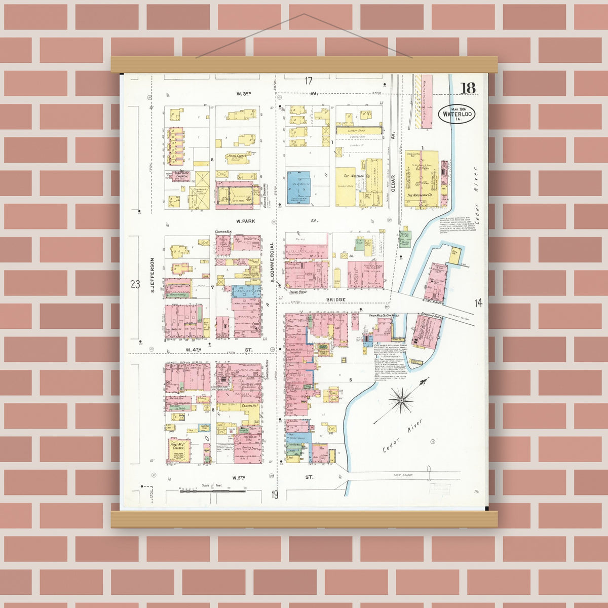 Old map wall art mockup — magnetic wood frame on brick wall — Sanborn Fire Insurance Map from Waterloo, Black Hawk County, Iowa (1906), Sheet #0018