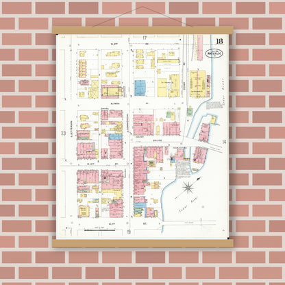 Old map wall art mockup — magnetic wood frame on brick wall — Sanborn Fire Insurance Map from Waterloo, Black Hawk County, Iowa (1906), Sheet #0018