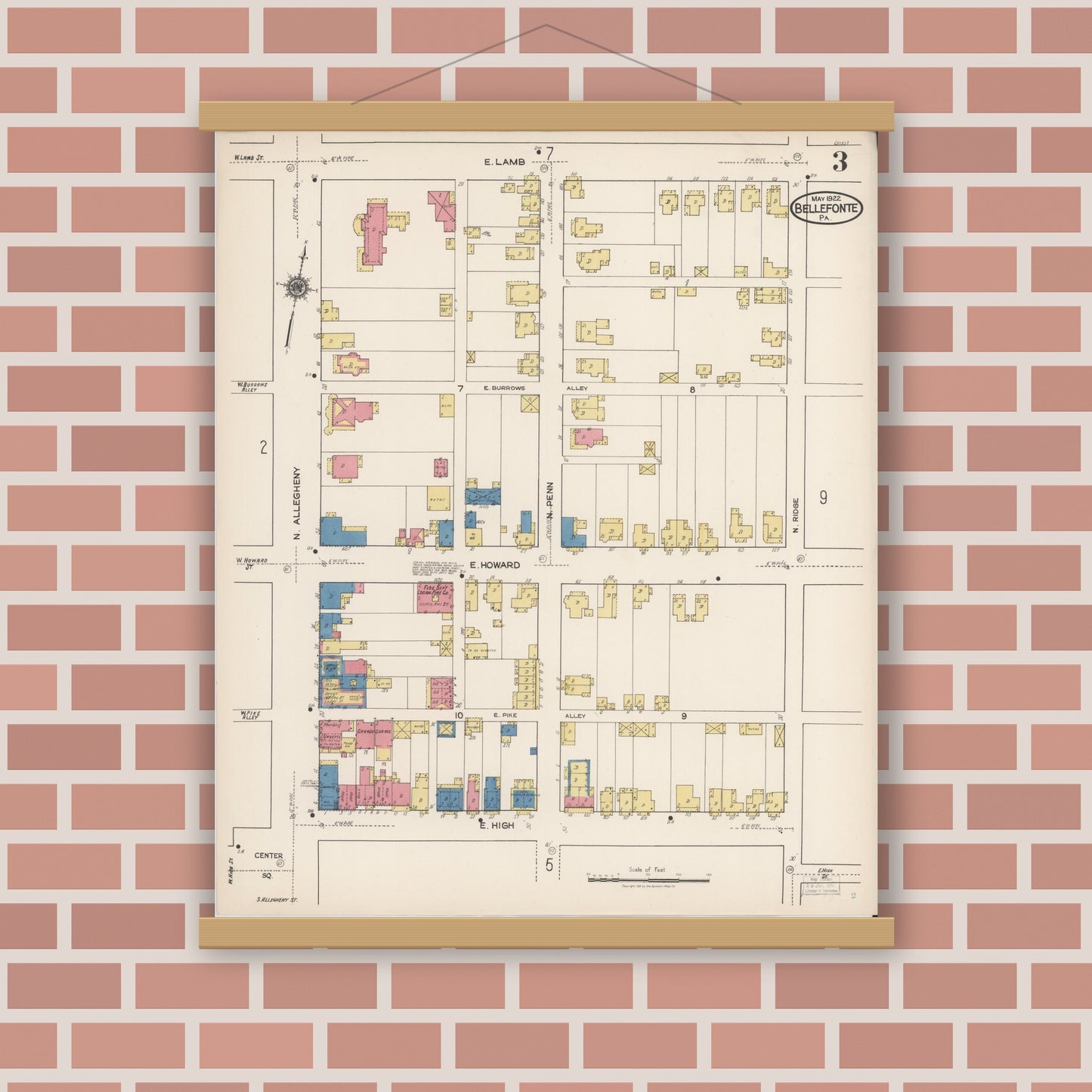 Old map wall art mockup — magnetic wood frame on brick wall — Sanborn Fire Insurance Map from Bellefonte, Centre County, Pennsylvania (1922), Sheet #0003