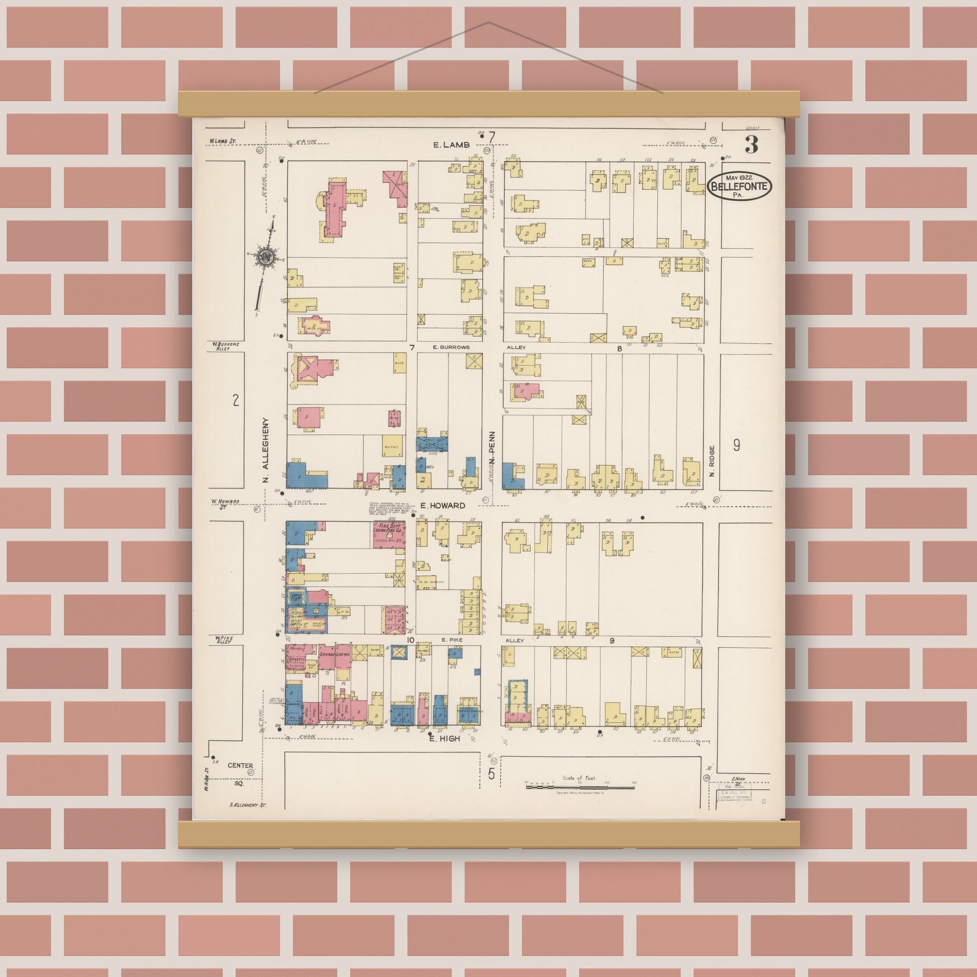 Old map wall art mockup — magnetic wood frame on brick wall — Sanborn Fire Insurance Map from Bellefonte, Centre County, Pennsylvania (1922), Sheet #0003