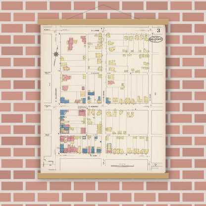 Old map wall art mockup — magnetic wood frame on brick wall — Sanborn Fire Insurance Map from Bellefonte, Centre County, Pennsylvania (1922), Sheet #0003
