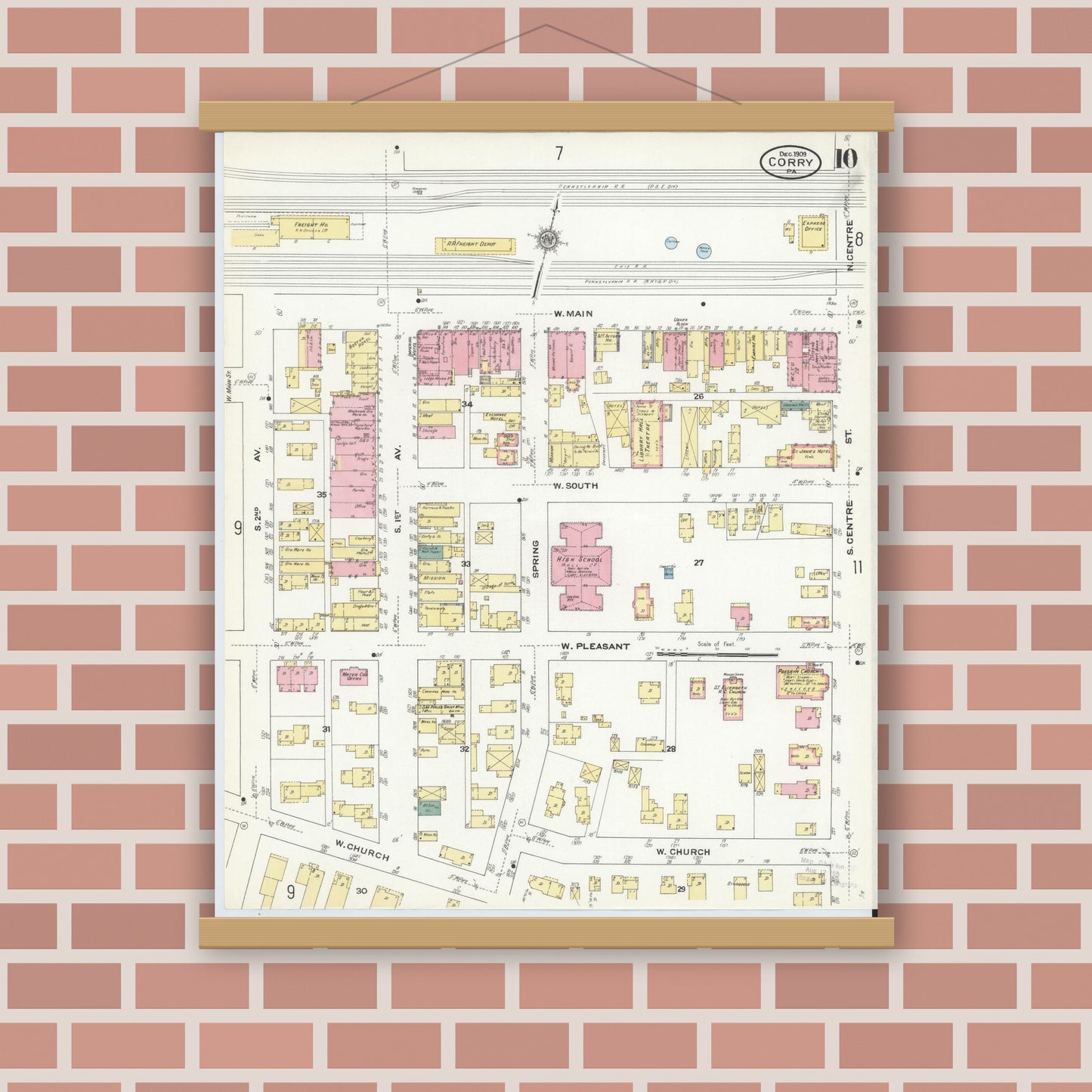 Old map wall art mockup — magnetic wood frame on brick wall — Sanborn Fire Insurance Map from Corry, Erie County, Pennsylvania (1909), Sheet #0010