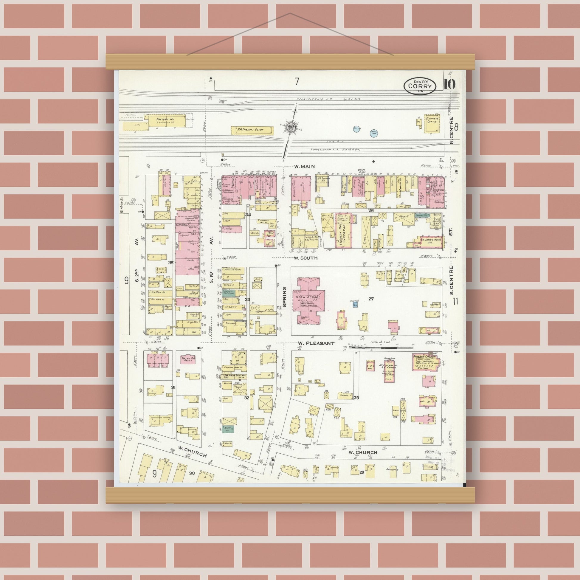Old map wall art mockup — magnetic wood frame on brick wall — Sanborn Fire Insurance Map from Corry, Erie County, Pennsylvania (1909), Sheet #0010