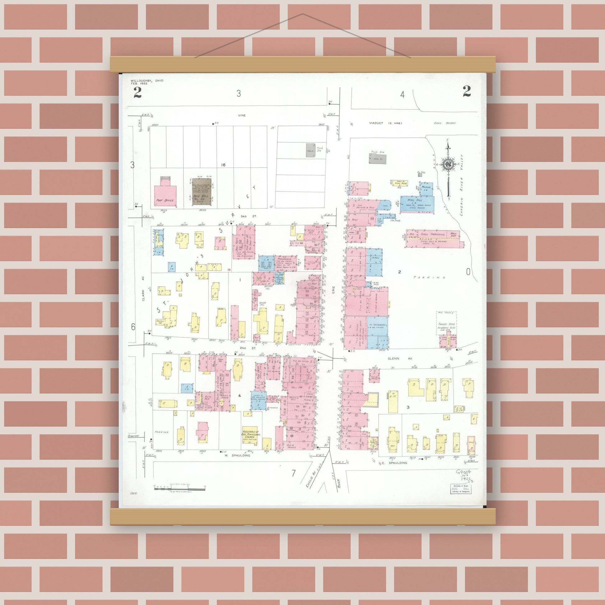 Old map wall art mockup — magnetic wood frame on brick wall — Sanborn Fire Insurance Map from Willoughby, Lake County, Ohio (1952), Sheet #0002