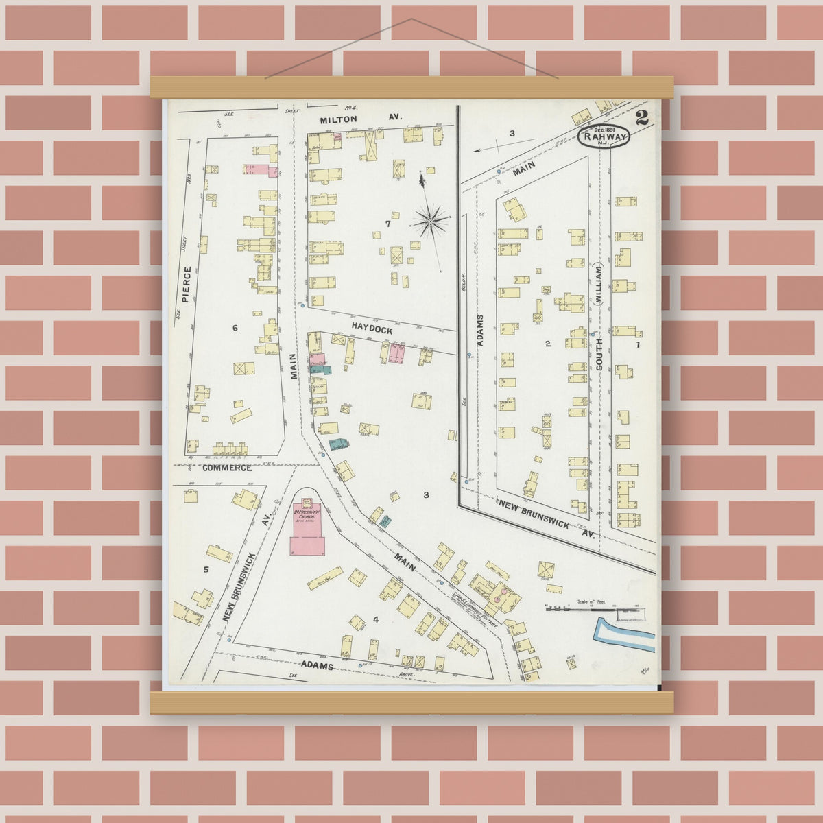 Old map wall art mockup — magnetic wood frame on brick wall — Sanborn Fire Insurance Map from Rahway, Union County, New Jersey (1891) - Complete Map Set