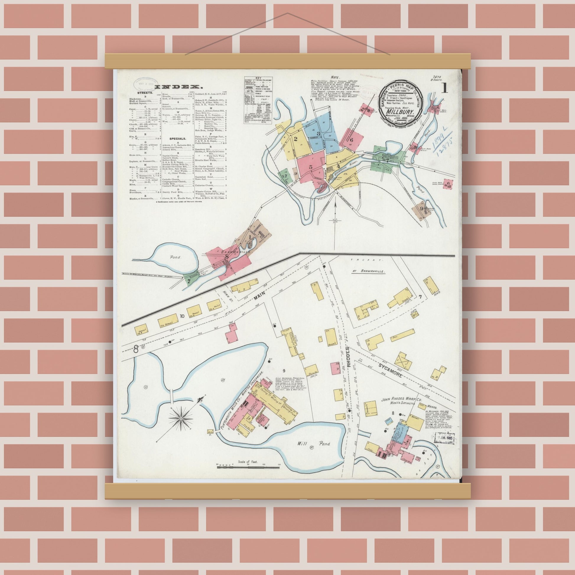 Old map wall art mockup — magnetic wood frame on brick wall — Sanborn Fire Insurance Map from Millbury, Worcester County, Massachusetts (1899), Sheet #0001