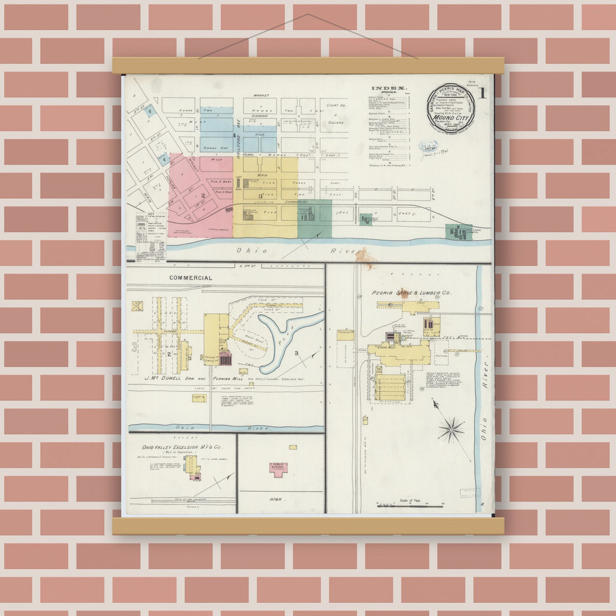 Old map wall art mockup — magnetic wood frame on brick wall — Sanborn Fire Insurance Map from Mound City, Pulaski County, Illinois (1894) - Complete Map Set
