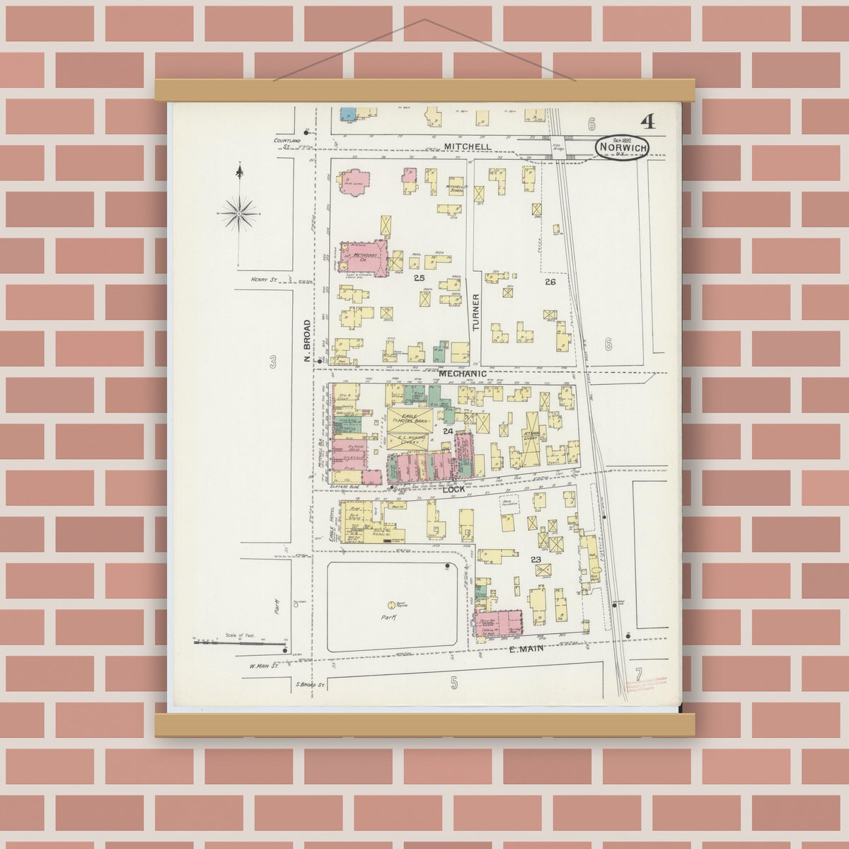 Old map wall art mockup — magnetic wood frame on brick wall — Sanborn Fire Insurance Map from Norwich, Chenango County, New York (1892), Sheet #0004