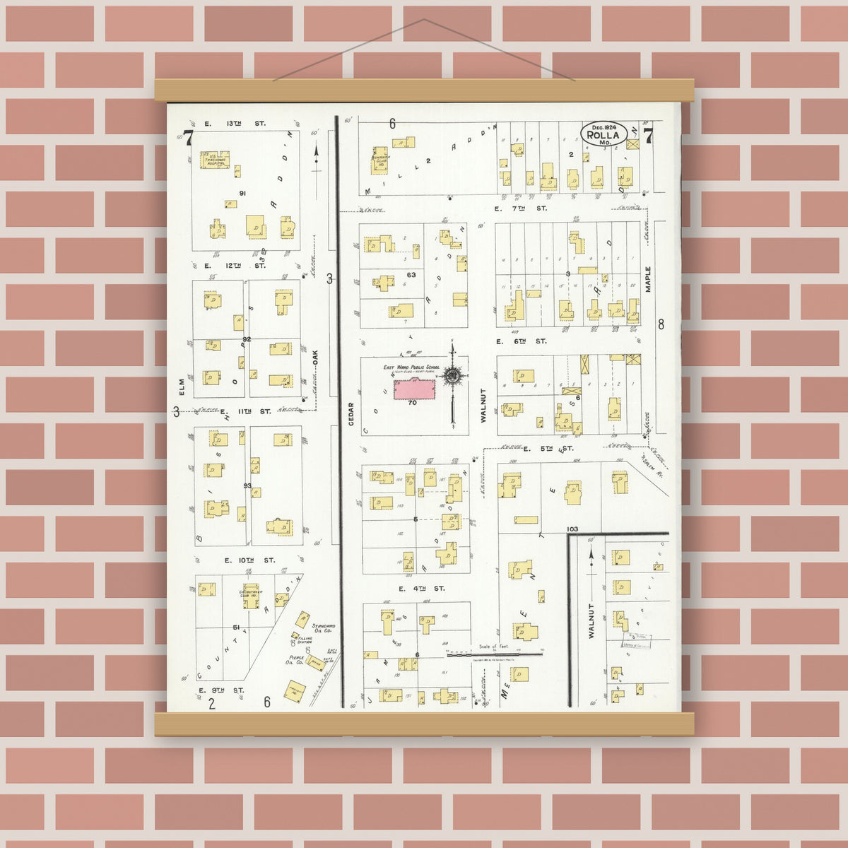 Old map wall art mockup — magnetic wood frame on brick wall — Sanborn Fire Insurance Map from Rolla, Phelps County, Missouri (1924), Sheet #0007