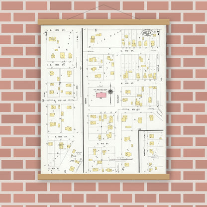 Old map wall art mockup — magnetic wood frame on brick wall — Sanborn Fire Insurance Map from Rolla, Phelps County, Missouri (1924), Sheet #0007