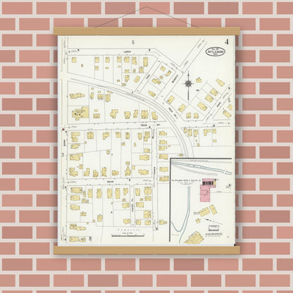 Old map wall art mockup — magnetic wood frame on brick wall — Sanborn Fire Insurance Map from Attleboro, Bristol County, Massachusetts (1911), Sheet #0004