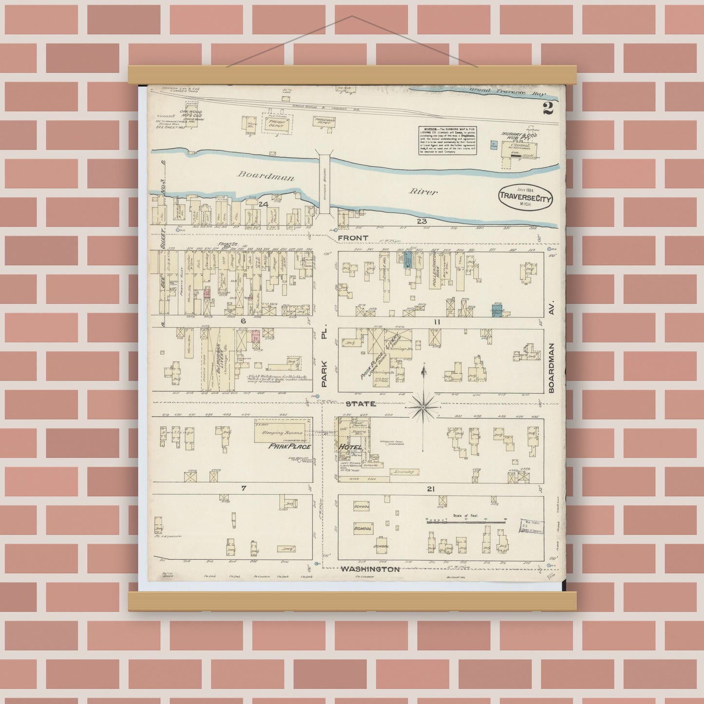 Old map wall art mockup — magnetic wood frame on brick wall — Sanborn Fire Insurance Map from Traverse City, Grand Traverse County, Michigan (1884), Sheet #0002