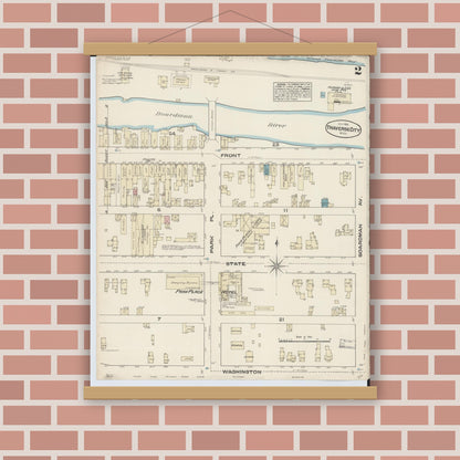 Old map wall art mockup — magnetic wood frame on brick wall — Sanborn Fire Insurance Map from Traverse City, Grand Traverse County, Michigan (1884), Sheet #0002