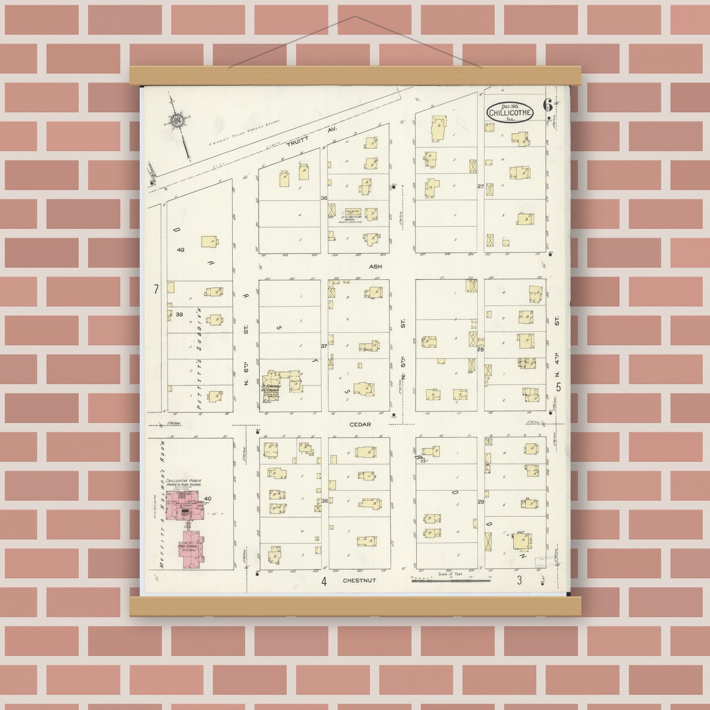 Old map wall art mockup — magnetic wood frame on brick wall — Sanborn Fire Insurance Map from Chillicothe, Peoria County, Illinois (1913), Sheet #0006