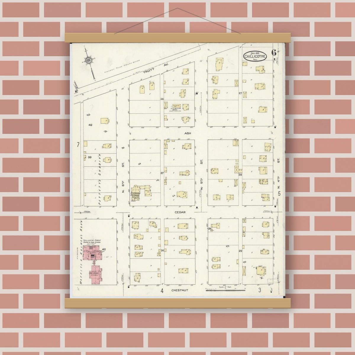 Old map wall art mockup — magnetic wood frame on brick wall — Sanborn Fire Insurance Map from Chillicothe, Peoria County, Illinois (1913), Sheet #0006
