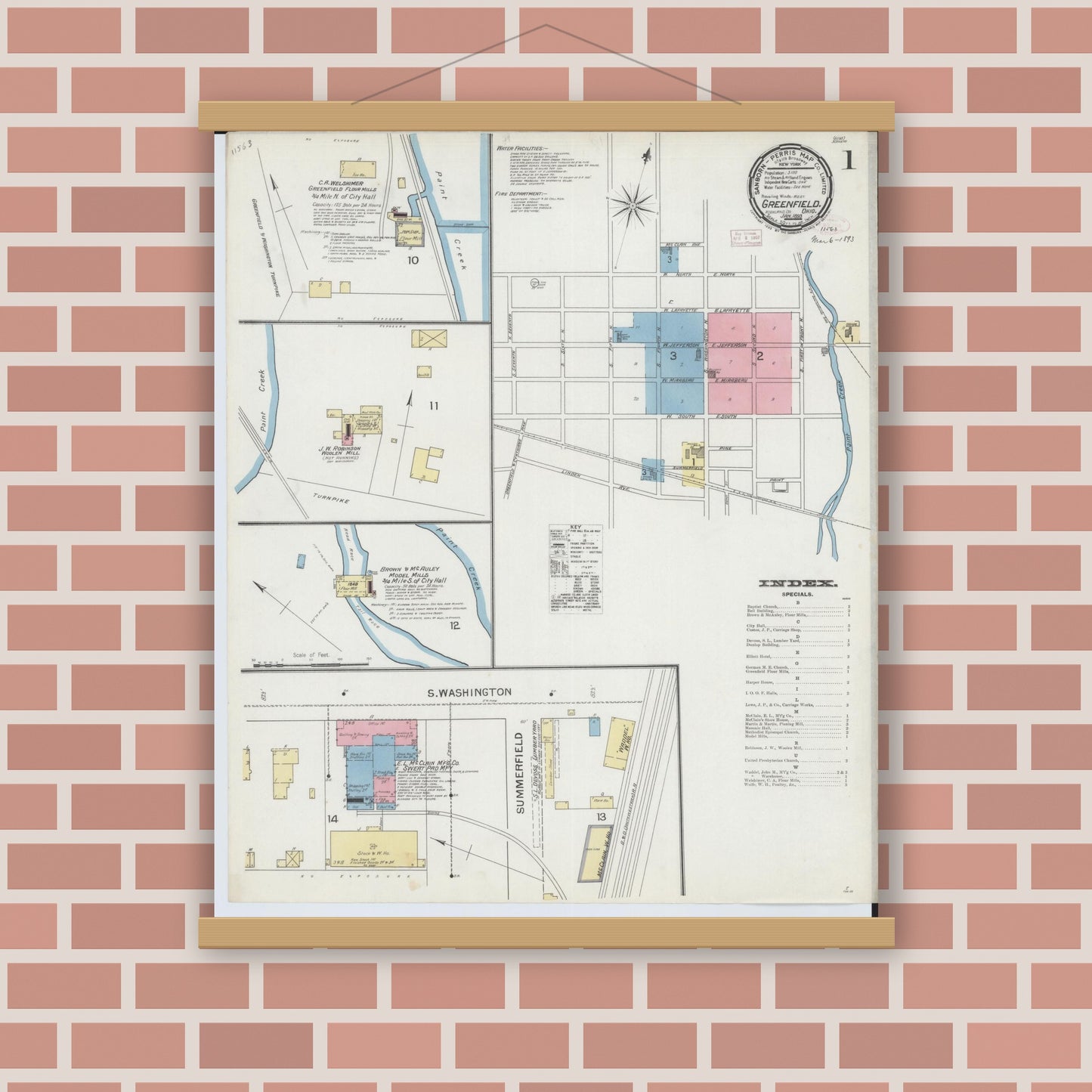 Old map wall art mockup — magnetic wood frame on brick wall — Sanborn Fire Insurance Map from Greenfield, Highland County, Ohio (1893), Sheet #0001