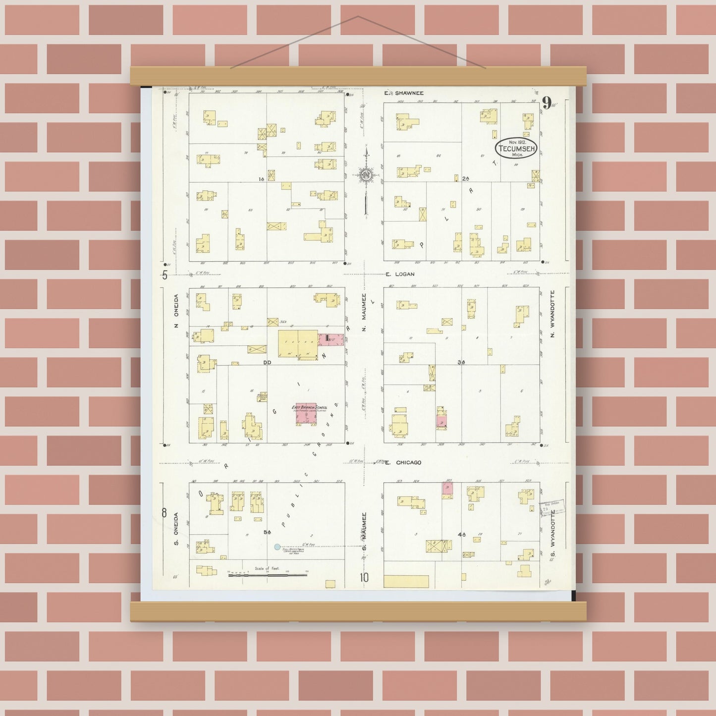 Old map wall art mockup — magnetic wood frame on brick wall — Sanborn Fire Insurance Map from Tecumseh, Lenawee County, Michigan (1912), Sheet #0009