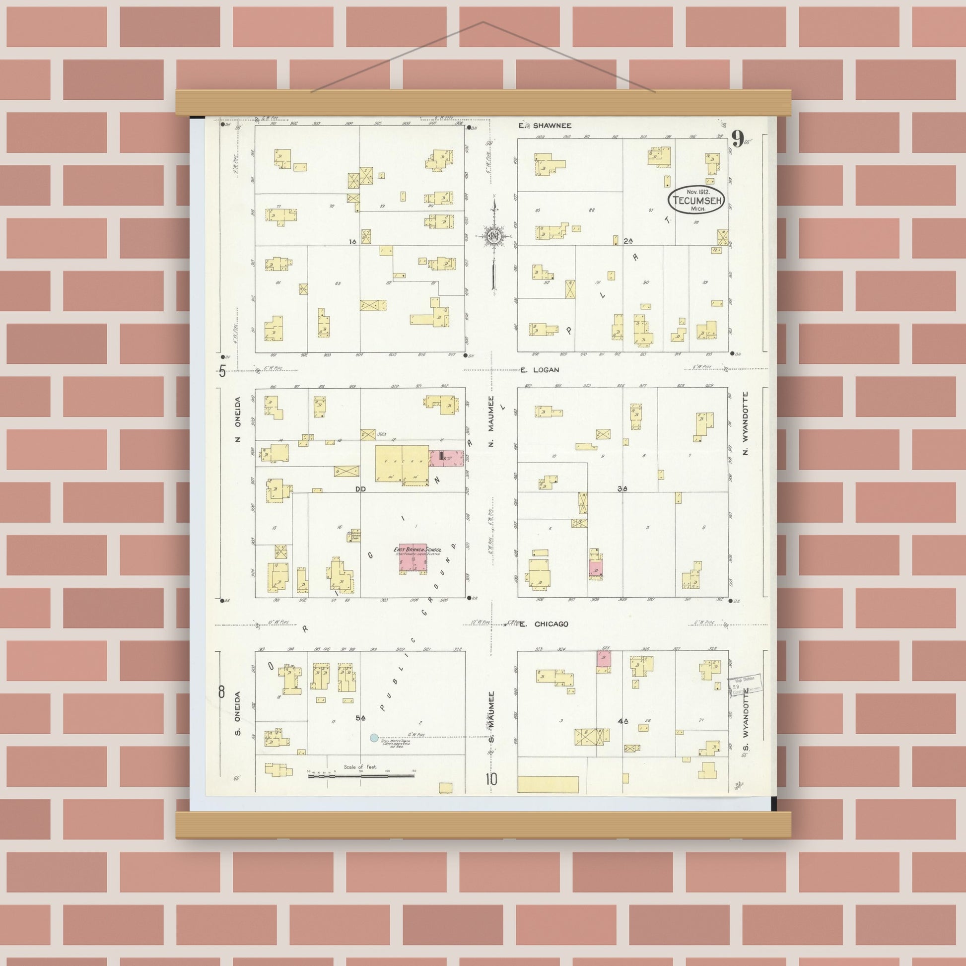 Old map wall art mockup — magnetic wood frame on brick wall — Sanborn Fire Insurance Map from Tecumseh, Lenawee County, Michigan (1912), Sheet #0009