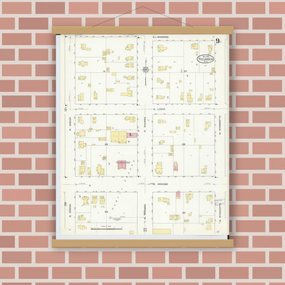 Old map wall art mockup — magnetic wood frame on brick wall — Sanborn Fire Insurance Map from Tecumseh, Lenawee County, Michigan (1912), Sheet #0009