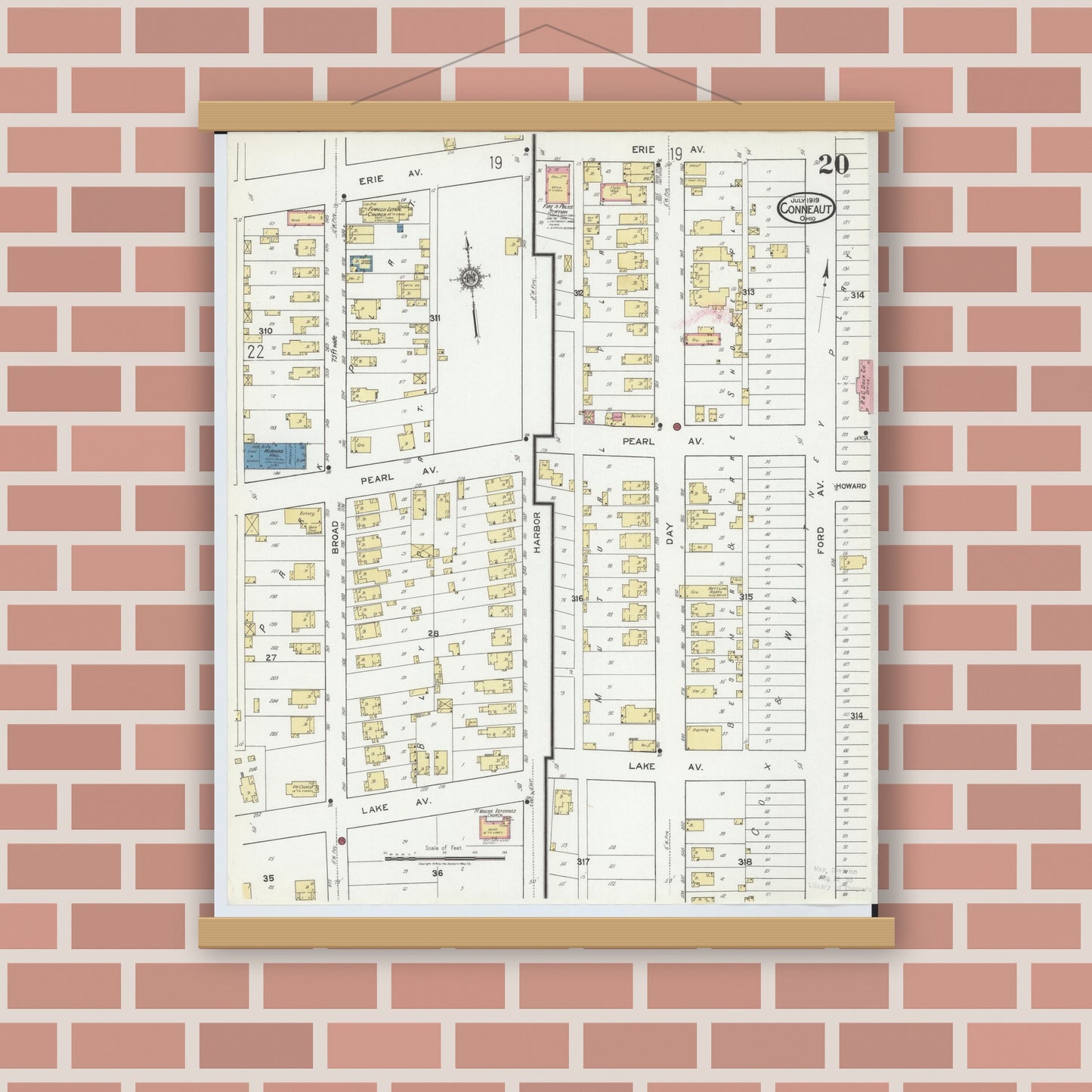 Old map wall art mockup — magnetic wood frame on brick wall — Sanborn Fire Insurance Map from Conneaut, Ashtabula County, Ohio (1919), Sheet #0020