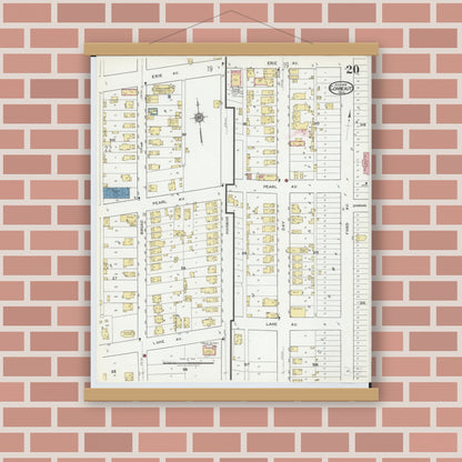 Old map wall art mockup — magnetic wood frame on brick wall — Sanborn Fire Insurance Map from Conneaut, Ashtabula County, Ohio (1919), Sheet #0020