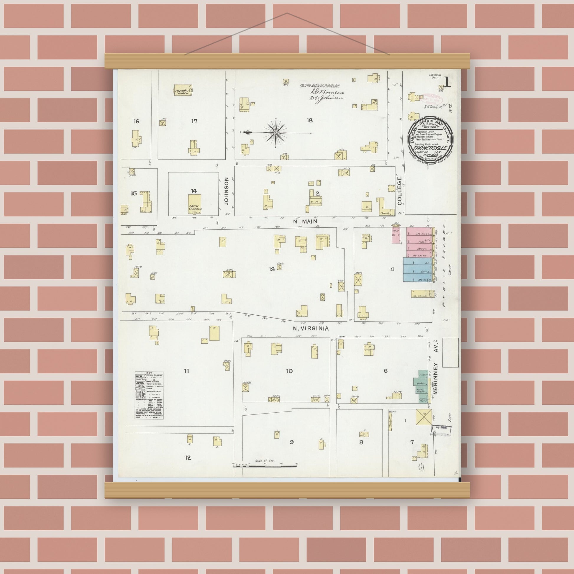 Old map wall art mockup — magnetic wood frame on brick wall — Sanborn Fire Insurance Map from Farmersville, Collin County, Texas (1892) - Complete Map Set