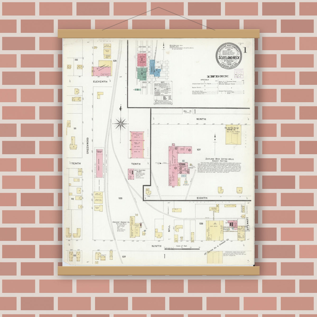 Old map wall art mockup — magnetic wood frame on brick wall — Sanborn Fire Insurance Map from Scotland Neck, Halifax County, North Carolina (1908) - Complete Map Set