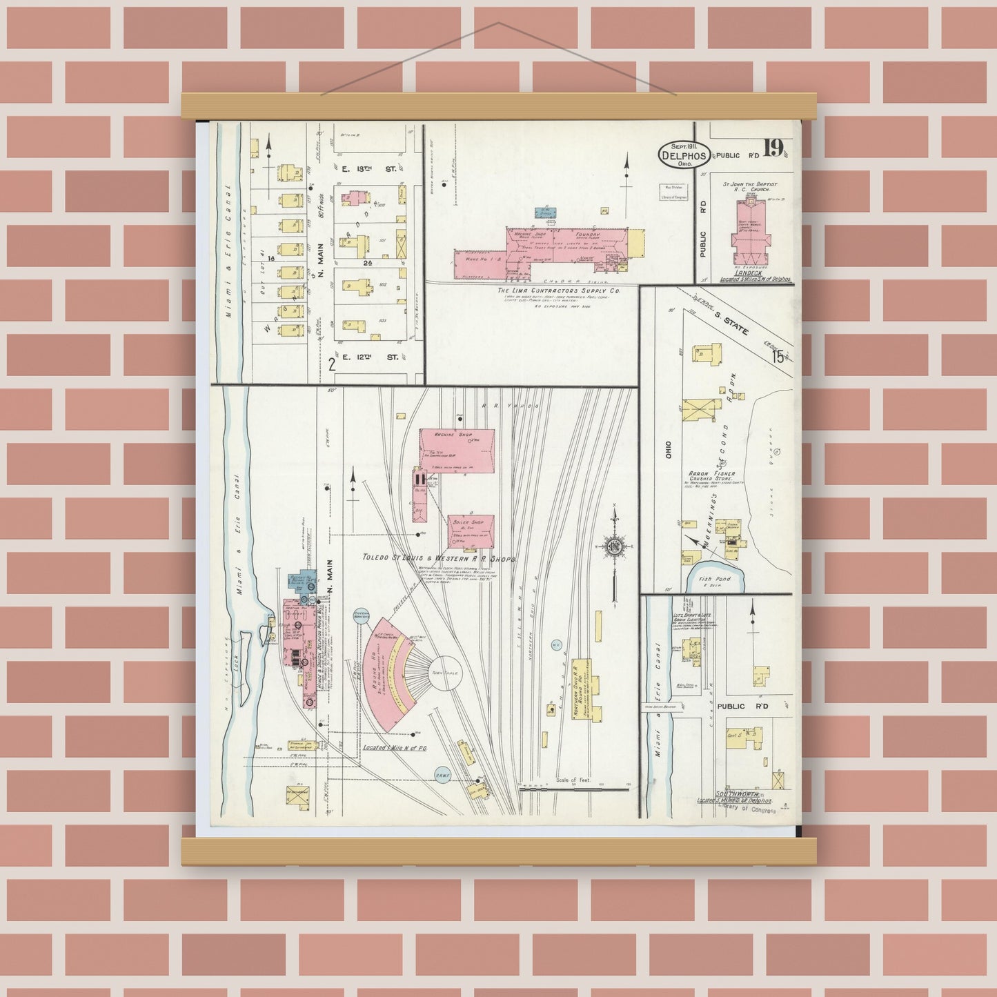 Old map wall art mockup — magnetic wood frame on brick wall — Sanborn Fire Insurance Map from Delphos, Van Wert And Allen Counties, Ohio (1911), Sheet #0019