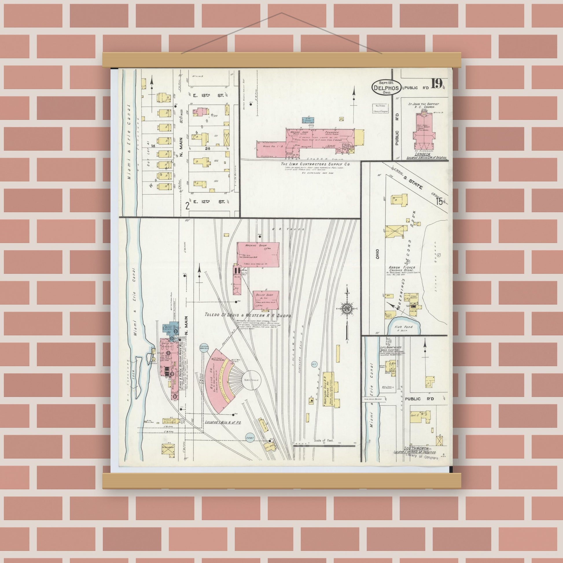 Old map wall art mockup — magnetic wood frame on brick wall — Sanborn Fire Insurance Map from Delphos, Van Wert And Allen Counties, Ohio (1911), Sheet #0019