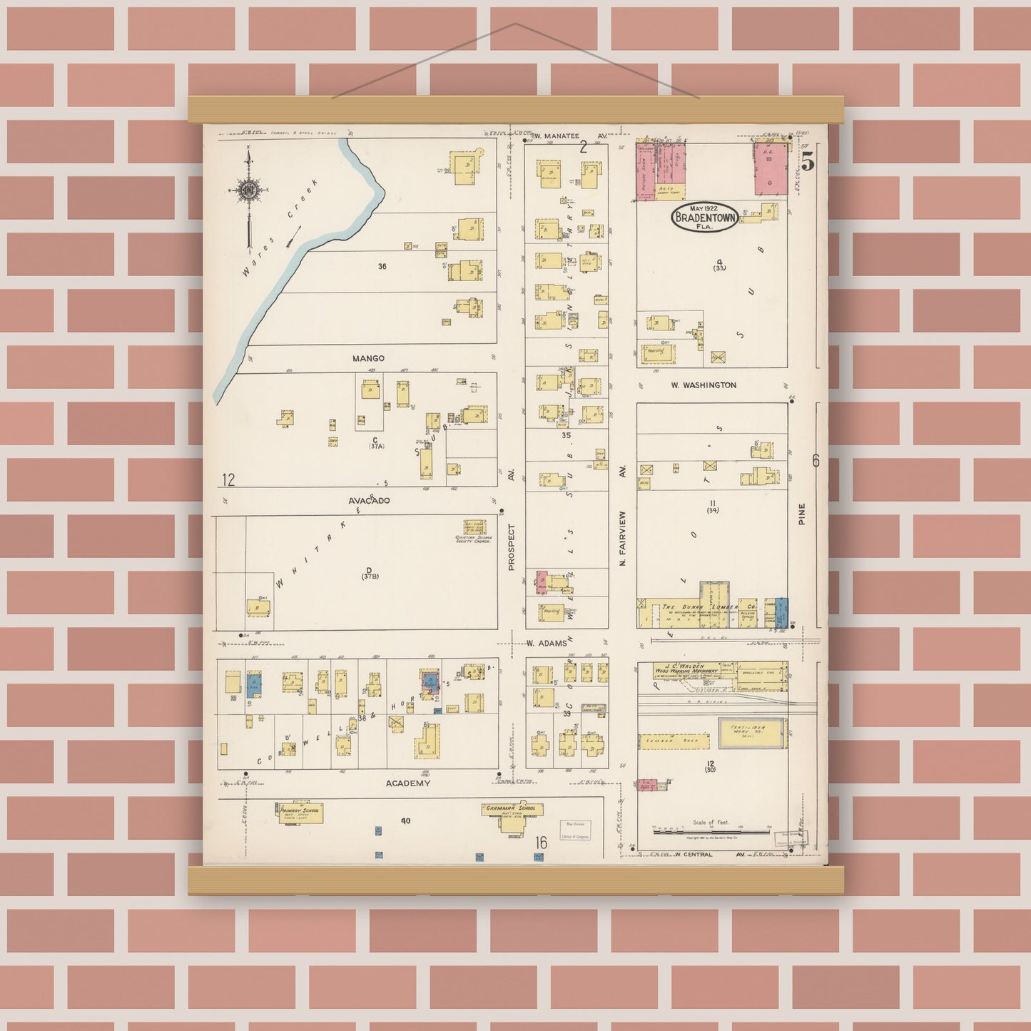 Old map wall art mockup — magnetic wood frame on brick wall — Sanborn Fire Insurance Map from Bradentown, Manatee County, Florida (1922), Sheet #0005