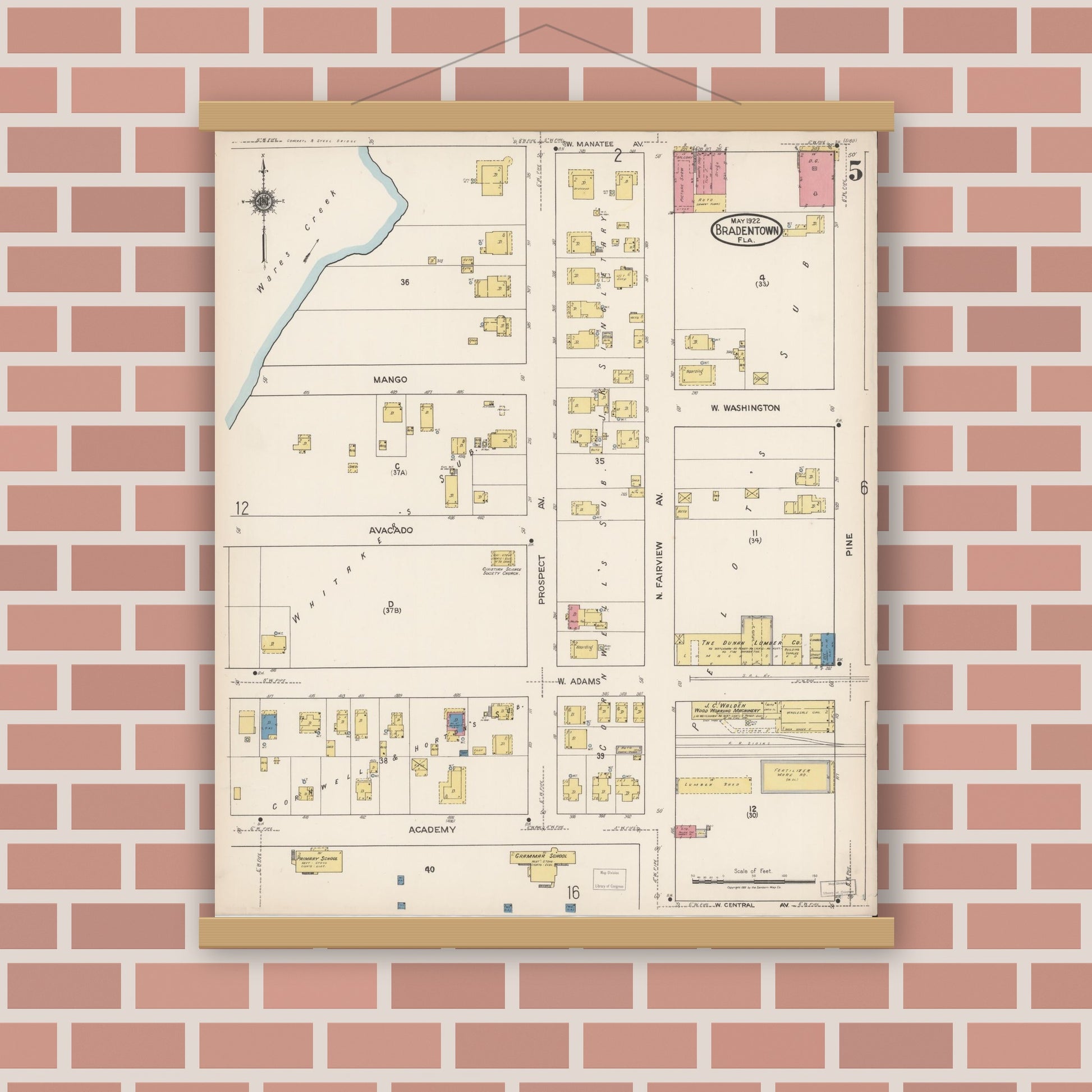 Old map wall art mockup — magnetic wood frame on brick wall — Sanborn Fire Insurance Map from Bradentown, Manatee County, Florida (1922), Sheet #0005