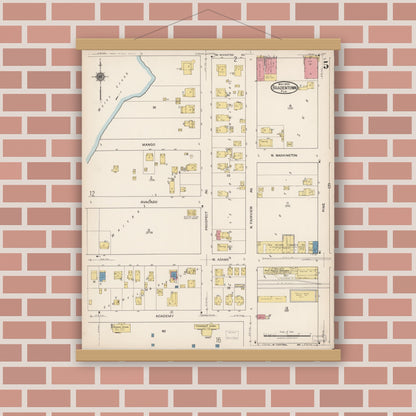 Old map wall art mockup — magnetic wood frame on brick wall — Sanborn Fire Insurance Map from Bradentown, Manatee County, Florida (1922), Sheet #0005