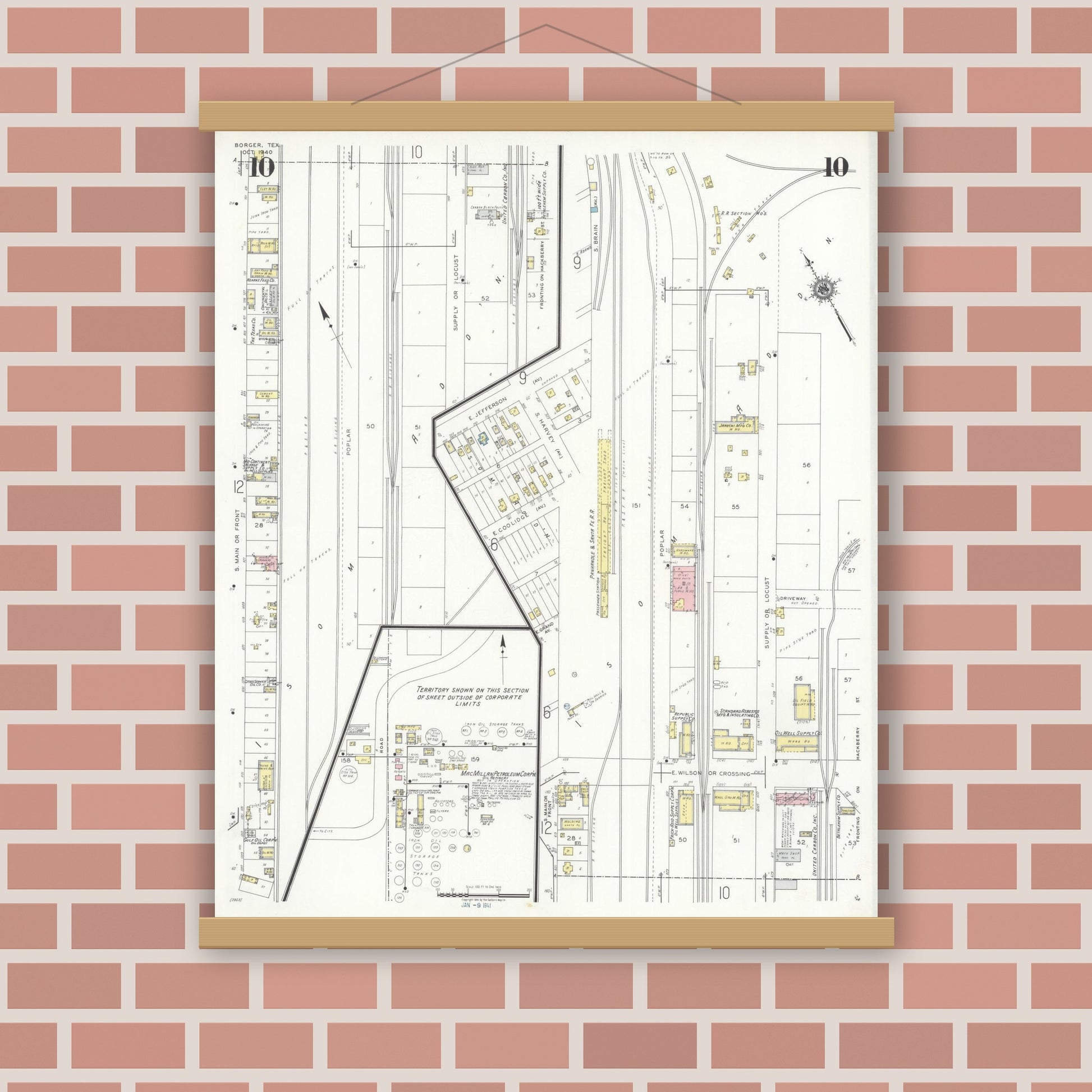 Old map wall art mockup — magnetic wood frame on brick wall — Sanborn Fire Insurance Map from Borger, Hutchinson County, Texas (1940), Sheet #0010