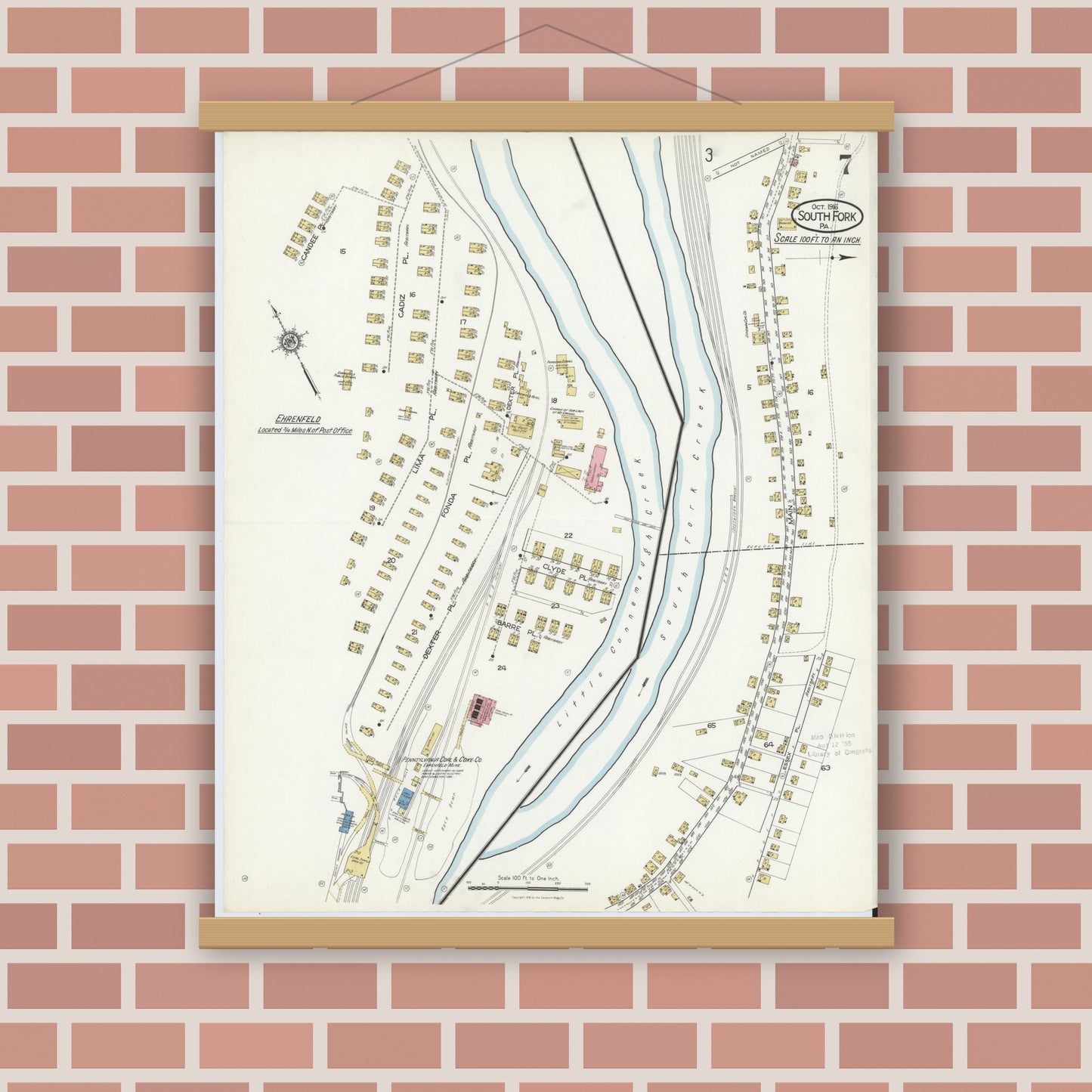 Old map wall art mockup — magnetic wood frame on brick wall — Sanborn Fire Insurance Map from South Fork, Cambria County, Pennsylvania (1916), Sheet #0007