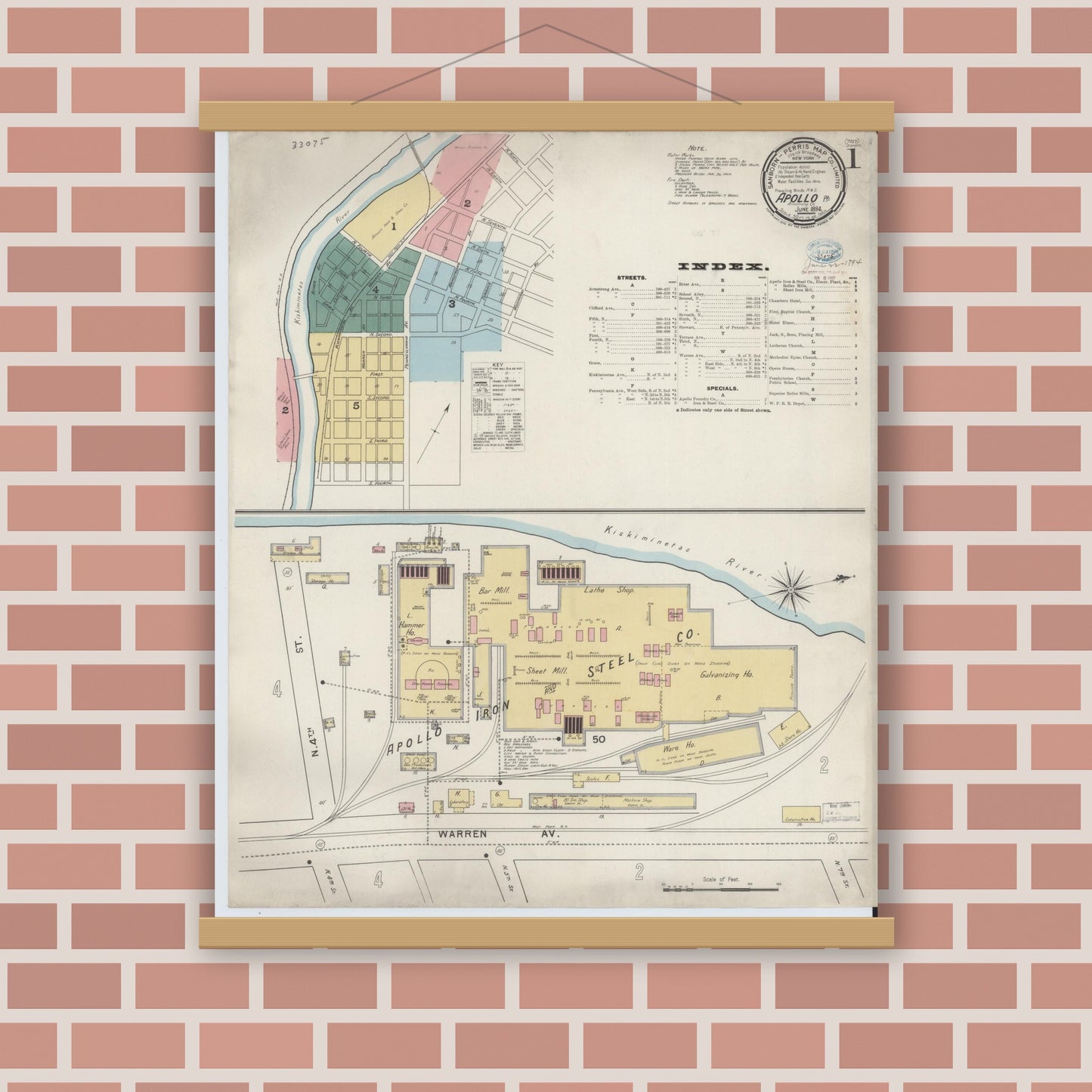 Old map wall art mockup — magnetic wood frame on brick wall — Sanborn Fire Insurance Map from Apollo, Armstrong County, Pennsylvania (1894), Sheet #0001