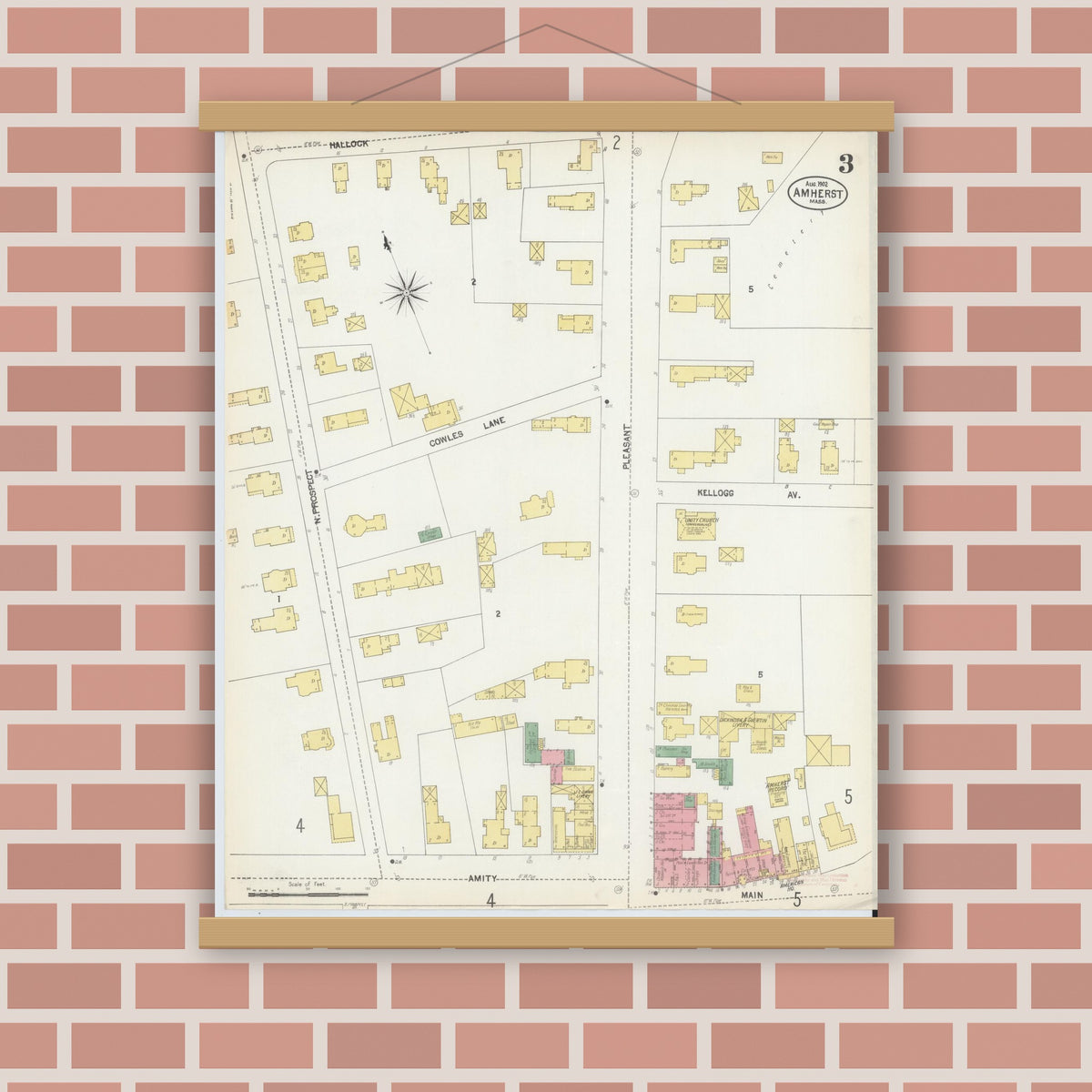 Old map wall art mockup — magnetic wood frame on brick wall — Sanborn Fire Insurance Map from Amherst, Hampshire County, Massachusetts (1902), Sheet #0003