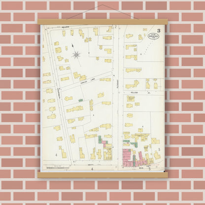 Old map wall art mockup — magnetic wood frame on brick wall — Sanborn Fire Insurance Map from Amherst, Hampshire County, Massachusetts (1902), Sheet #0003