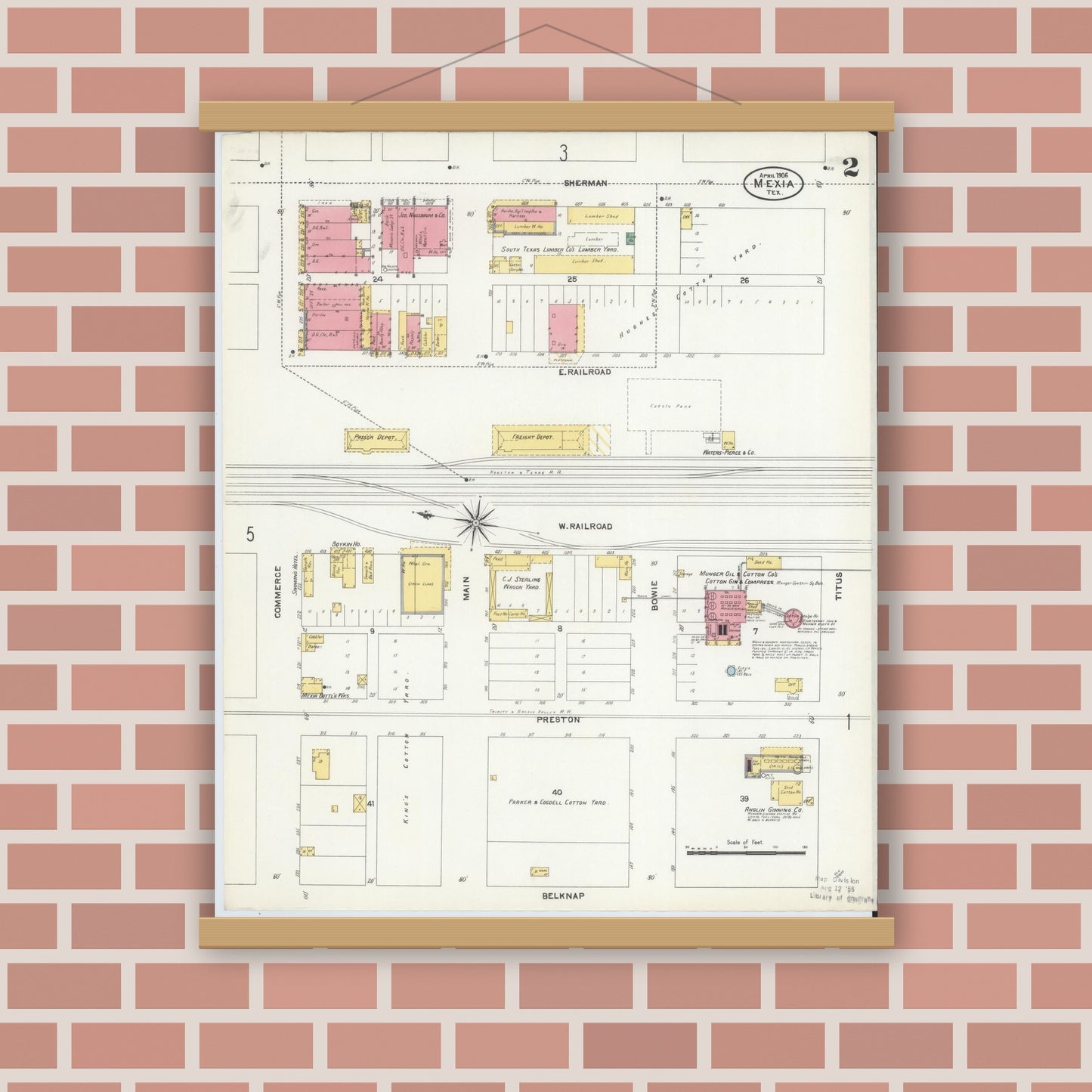 Old map wall art mockup — magnetic wood frame on brick wall — Sanborn Fire Insurance Map from Mexia, Limestone County, Texas (1906), Sheet #0002