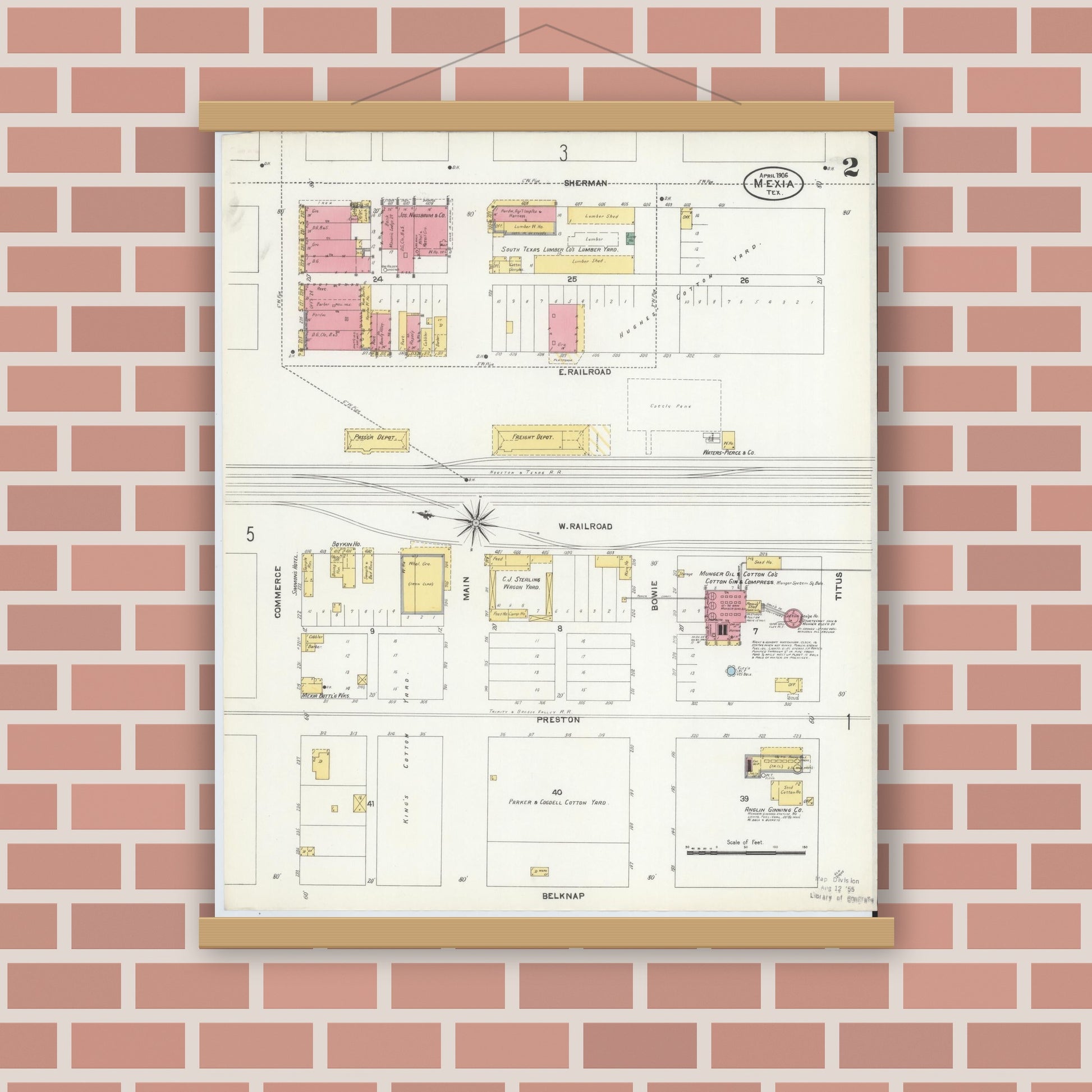 Old map wall art mockup — magnetic wood frame on brick wall — Sanborn Fire Insurance Map from Mexia, Limestone County, Texas (1906), Sheet #0002