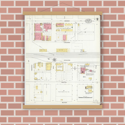 Old map wall art mockup — magnetic wood frame on brick wall — Sanborn Fire Insurance Map from Mexia, Limestone County, Texas (1906), Sheet #0002