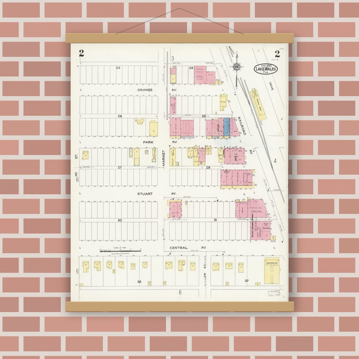 Old map wall art mockup — magnetic wood frame on brick wall — Sanborn Fire Insurance Map from Lake Wales, Polk County, Florida (1924), Sheet #0002