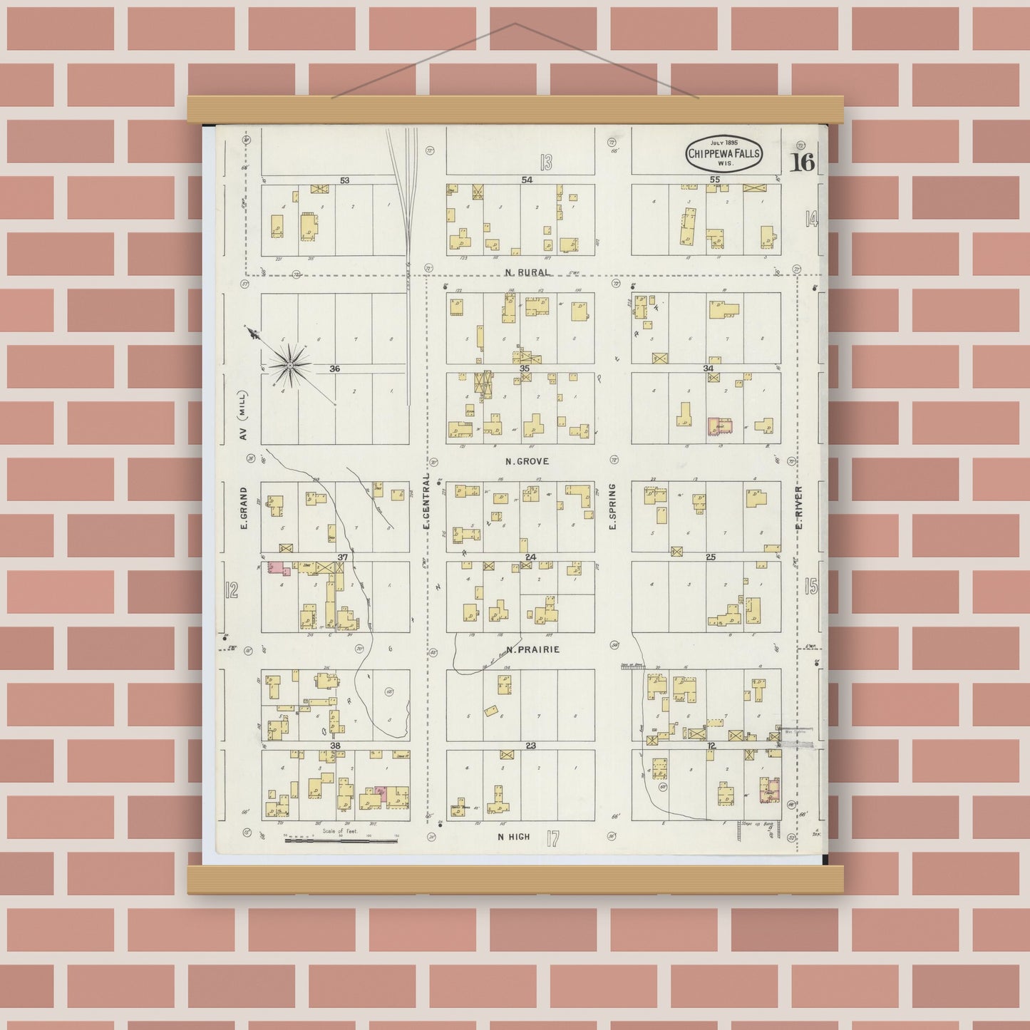 Old map wall art mockup — magnetic wood frame on brick wall — Sanborn Fire Insurance Map from Chippewa Falls, Chippewa County, Wisconsin (1895), Sheet #0016