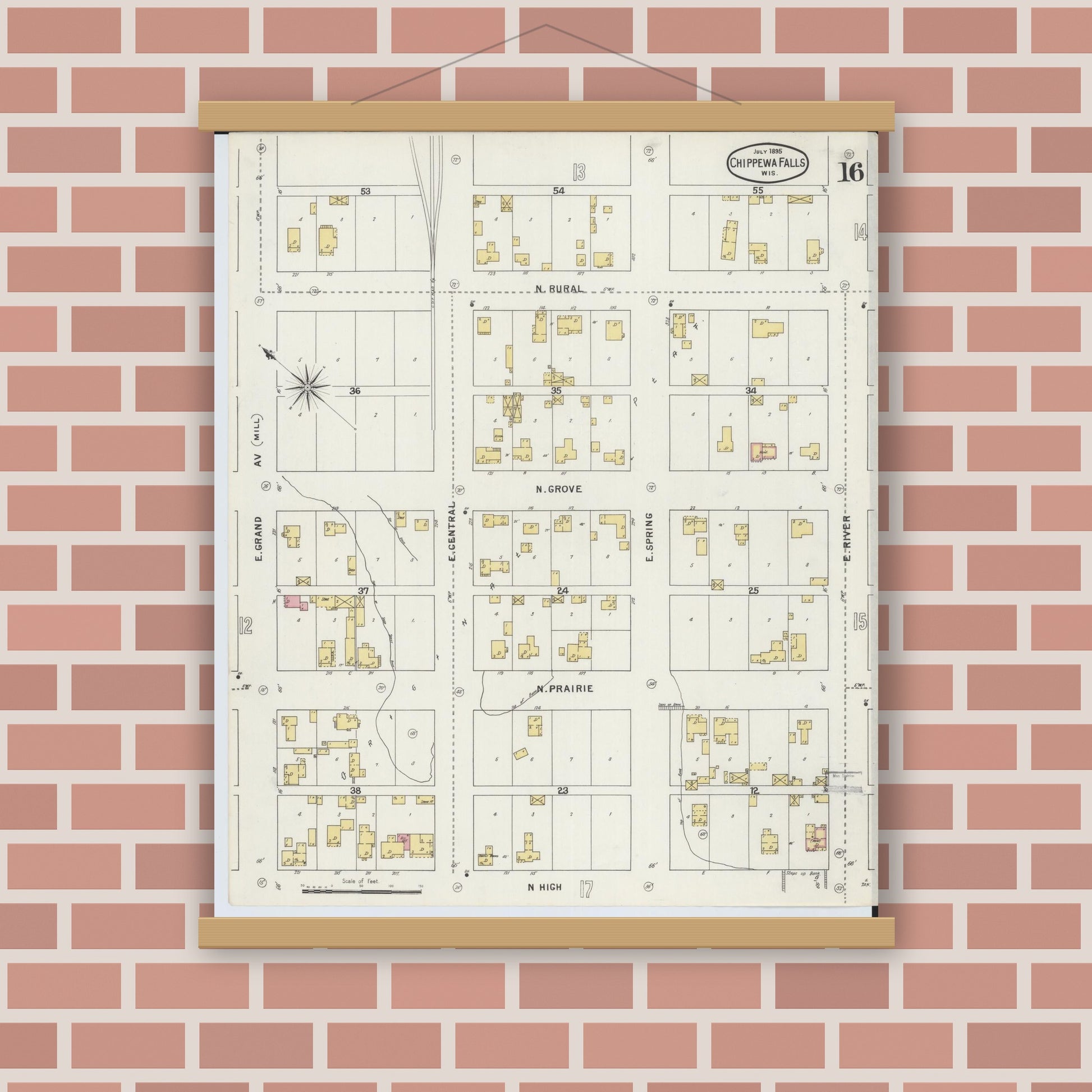 Old map wall art mockup — magnetic wood frame on brick wall — Sanborn Fire Insurance Map from Chippewa Falls, Chippewa County, Wisconsin (1895), Sheet #0016